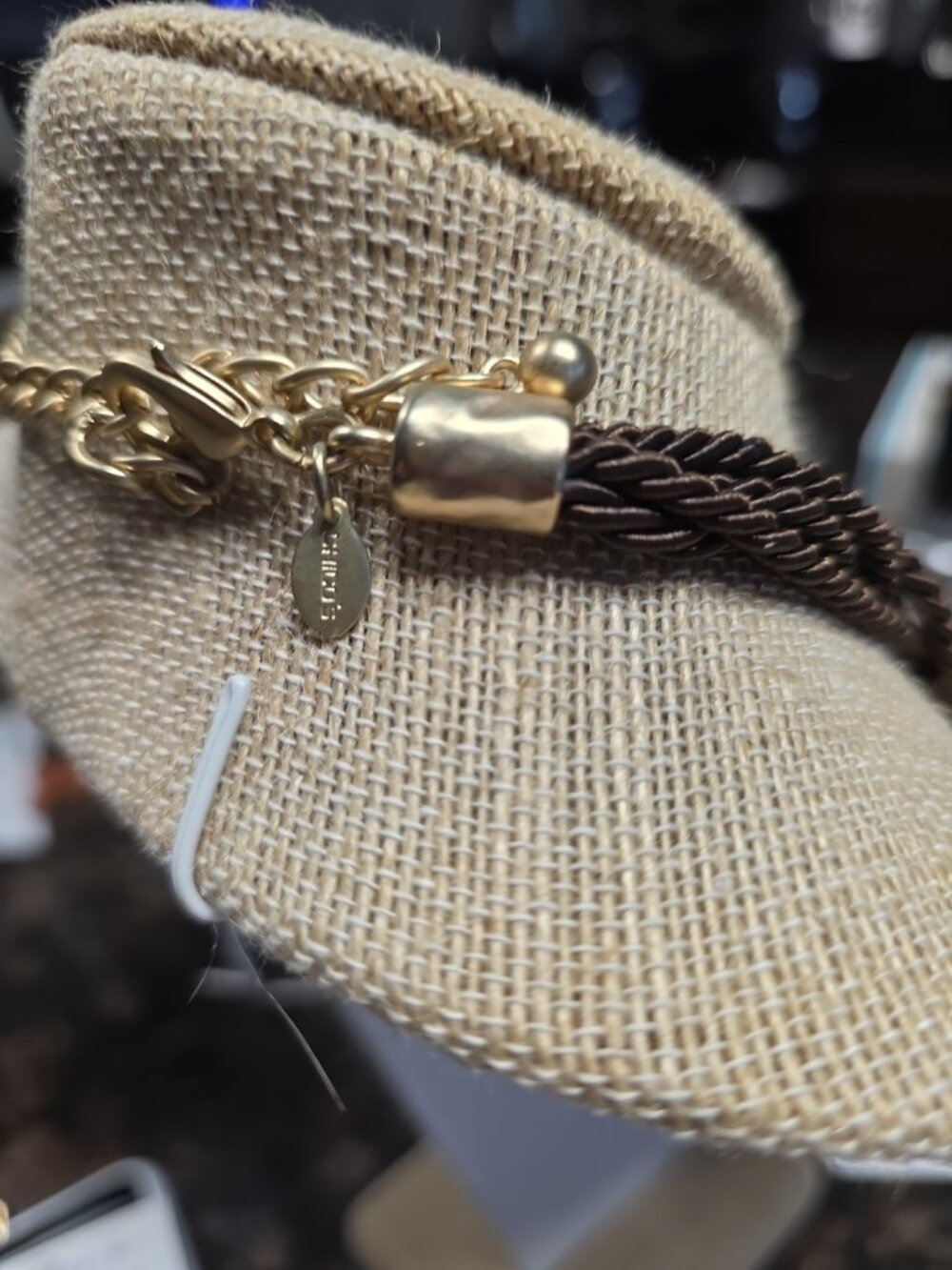 Chicos Statement Necklace Amber Color Acrylic Stones Gold Tone Brown Woven Cord - Picture 5 of 8